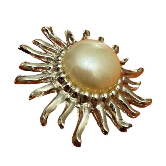Vintage Sunburst Brooch Pin Gold Tone Pearl Center Retro Costume Jewelry Fashion - Picture 4 of 6